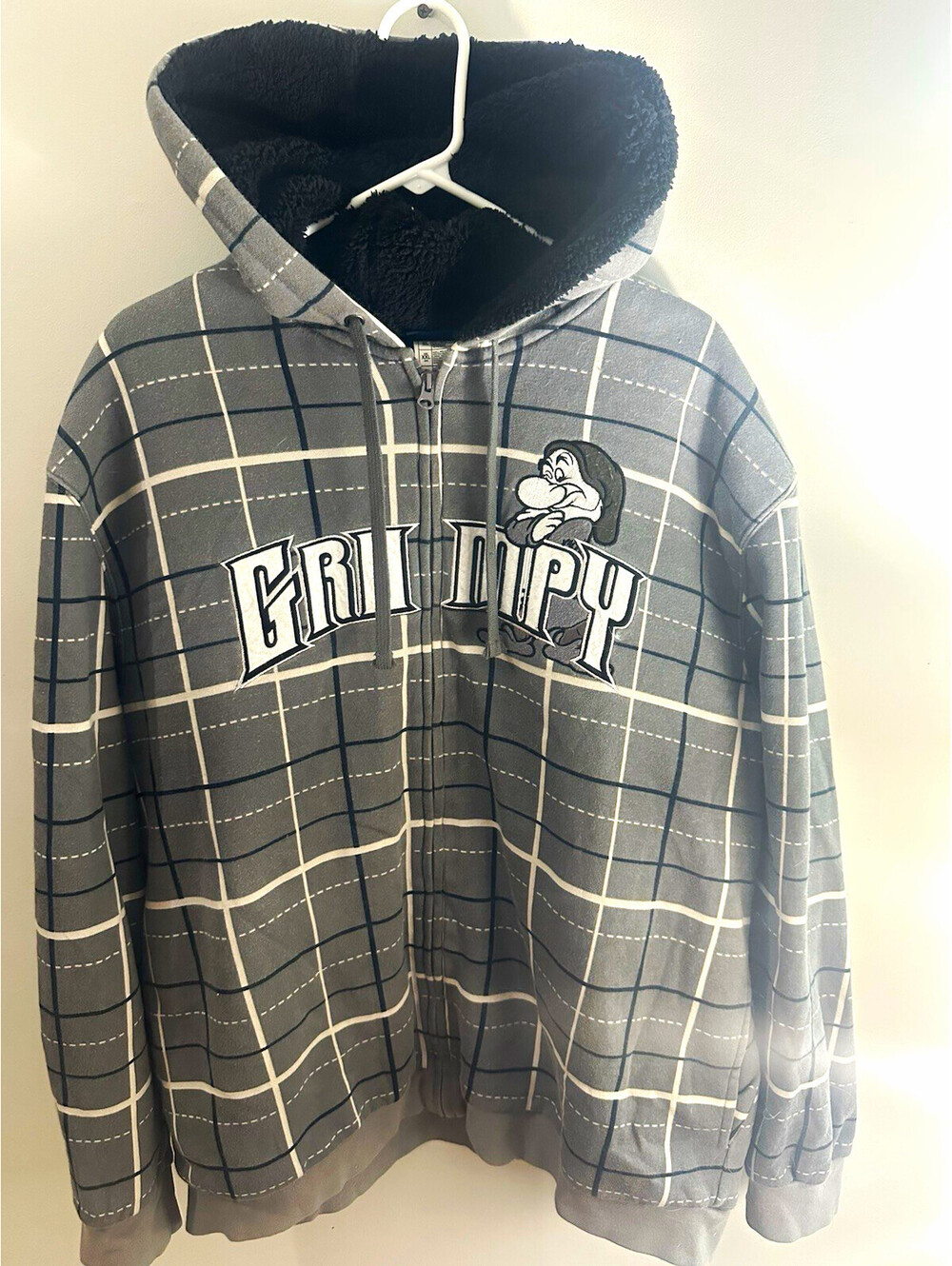 Disneyland Paris Grumpy Gray Plaid Sherpa Lined Full Zip Hoodie Jacket XL